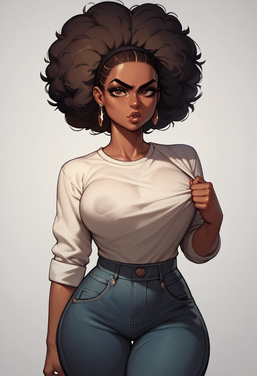 (masterpiece, best quality:1.3), female, , , wide hips, dark skin, puffy hair, mean girl, perfect face, bully, trendy fashion, casual clothes, afro, creative hair style, extra long shirt, loose shirt, orange