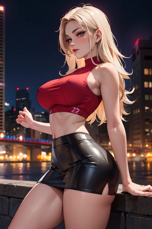 masterpiece, best quality, shadows, perfect hands, perfect legs, perfect anatomy, pretty face, mature features, 1 girl, 21 years old, MILF, mature woman, tight crop top, sexy leather skirt, city night background, white long hair, thighs, ass, breast, seductive, spicy, posing, cinematography lights,