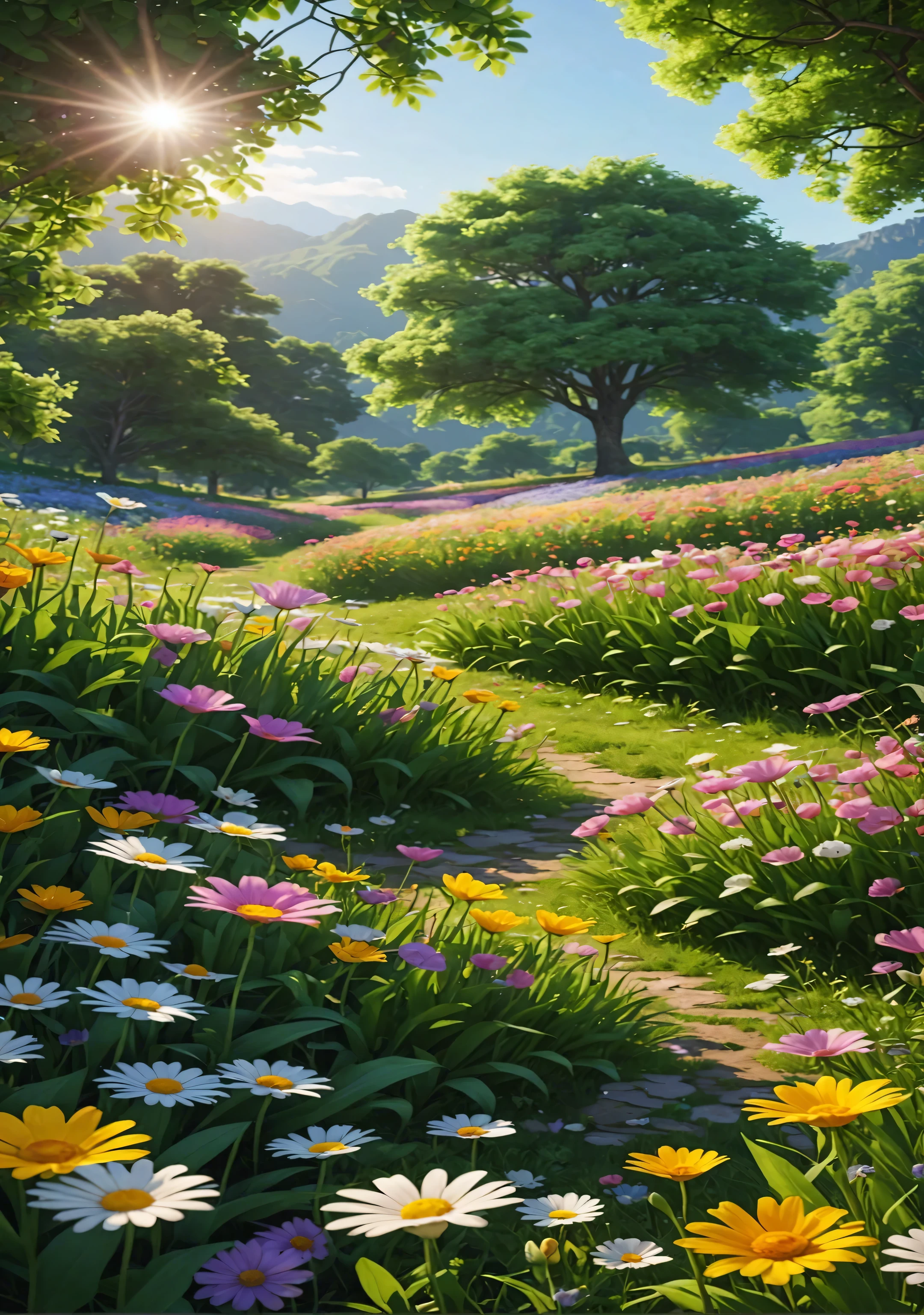 A vibrant garden pathway, lined with a variety of colorful flowers and lush greenery, leading towards a serene landscape under a clear blue sky.