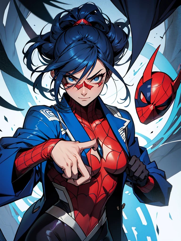 A spider woman with a blue suit and a mask wearing a Japanese manga style