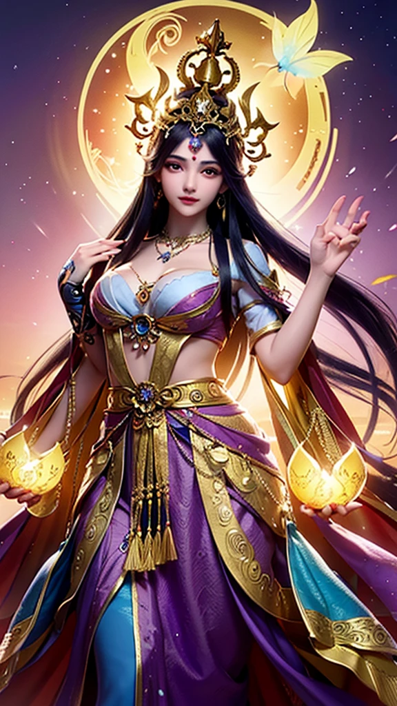 Vibrant and detailed digital illustration of a deity, likely inspired by Hindu mythology. The subject has blue skin, adorned with intricate jewelry including gold necklaces, earrings, and a crown decorated with peacock feathers and pink flowers. The deity's features are serene with large, expressive eyes and a calm expression. The right hand is raised in a blessing gesture, while the left hand holds a bowl of yellow powder. The background is a colorful blend of purples, blues, and oranges with floating petals and butterflies, adding to the divine and ethereal atmosphere of the image.