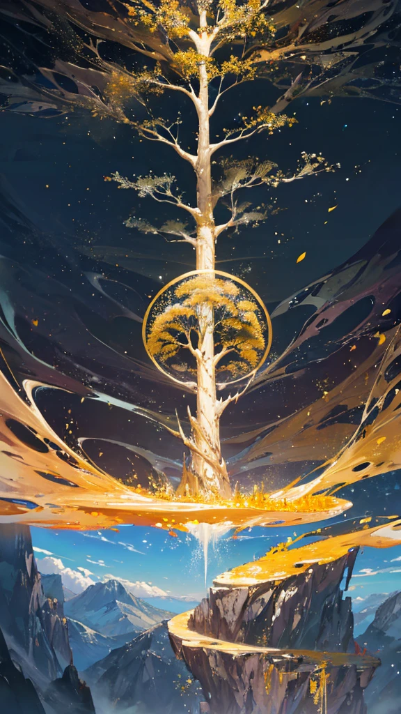 a giant tree of life beneath a mountain made of gold floating in the air. 4k. high definition