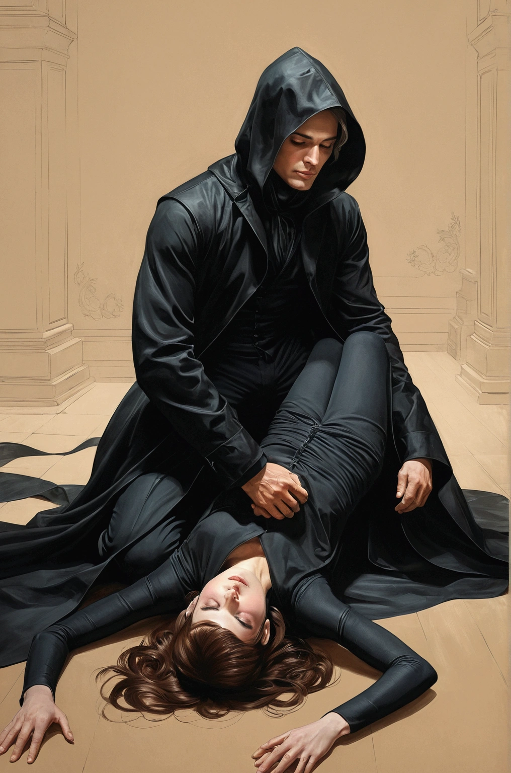 a woman lies with her back on the floor, a man in black clothes, in a black raincoat with a hood, looms over her, his face is not visible from under the mask, this is a love affair, Charlie Boater and Arjim, this is a new book, the state Opera and Ballet Theater, nearcourt and Charlie Bowater, steele Charlie Bowater, Dame Blair and Charlie Bowater, an urban-scale Tezi stylo, in the style of Charili Bowater