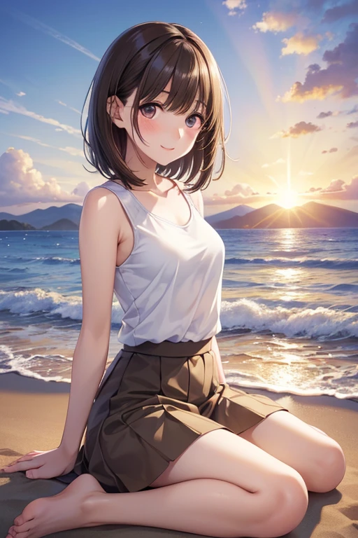 anegasaki nene、Shiny brown hair, short hair, (Beautiful brown eyes、Sparkling eyes, Fine grain)、smile、Ultra-detailed eyes、Highly detailed face, Highly detailed eyes,


(((masterpiece, Highest quality, High resolution, 超High resolution, Pixel perfect, Written boundary depth, 4K, RTTX10.0))),

blue sky, Calm sea, Sandy Beach, sunset, sunset, Sand Painting of Love, Fuji Mountain, Small face, Very delicate facial expressions, Delicate eye depiction, Very fine hair, 
Upper body close-up, erotic, The only sexy Japanese woman, Healthy body shape, 
22-year-old woman, student,  Sexy long legs, Glowing Skin, Soft Skin, Sleeveless white T-shirt, Brown long skirt, barefoot, Stand backwards, Turn to the camera