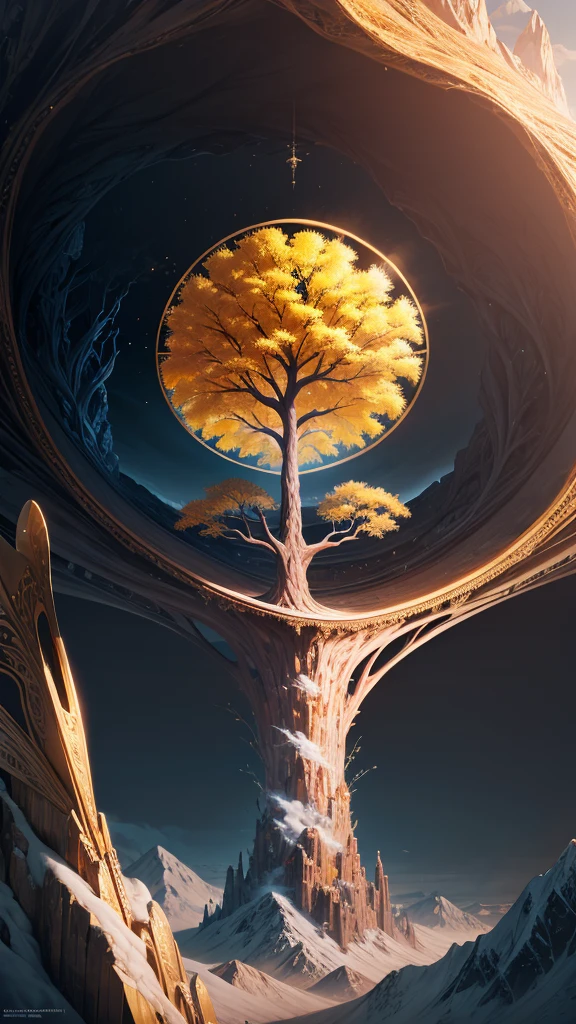 a giant tree of life beneath a mountain made of gold floating in the air. 4k. high definition