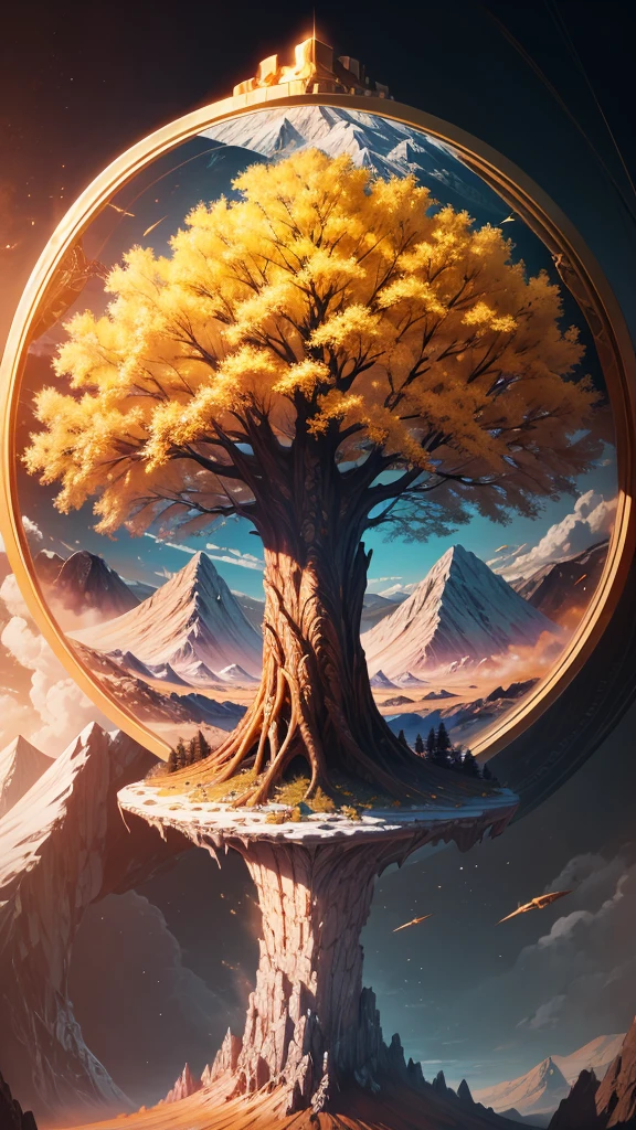 a giant tree of life beneath a mountain made of gold floating in the air. 4k. high definition