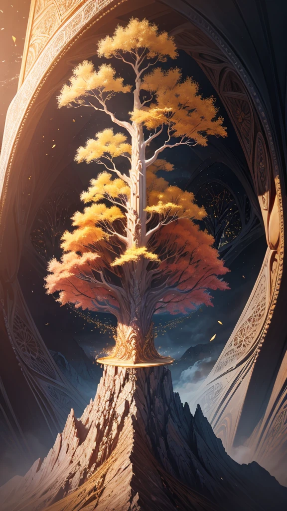 a giant tree of life beneath a mountain made of gold floating in the air. 4k. high definition