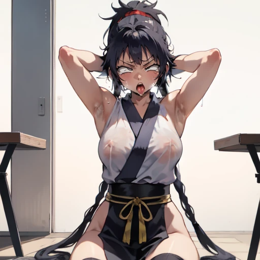 1girl, (ahegao),(muscle1.4), (masterpiece:1.3), (high resolution), (8K), (extremely detailed), (4k), (pixiv), perfect face, nice eyes and face, (best quality), (super detailed), detailed face and eyes, (solo), textured skin, absurdres, highres, wzkomachine, white eyes, Small breasts, sash, bike shorts, short sleeves, bangs, black gloves, fingerless gloves, long hair, black hair,ponytail, japanese clothes, kimono, sitting on floor, looking at viewer,Nipple exposure,Sexy, flirtatious, Solitary, eternity, - Hip vents, No underwear,No eyeballs, Also available in black, low twin braids,Facing the audience, looking at the audience, tired, from below, (Exposed armpit:1.1), ((armpit:1.2)), sexy, Sweating, More and more sweat,(ahegao), (Roll your eyes), Naughty face, blush, open mouth, Sticking out tongue, saliva, Slobber,Skinny, raise arms, (arms above head:1.5)