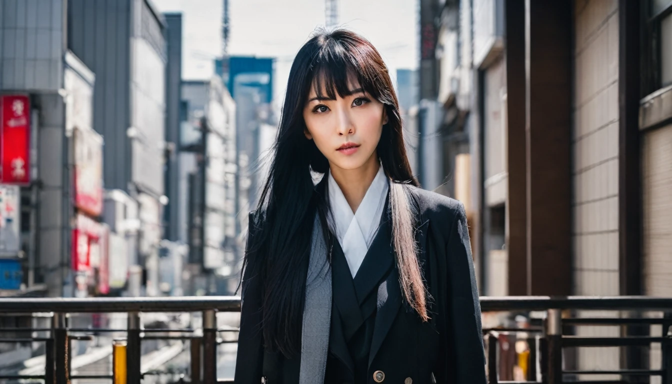 Woman, 30 years old black straight hair, japanese, Policerman, eyes black, city background.