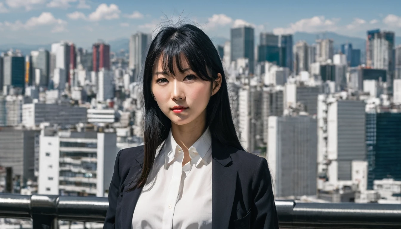 Woman, 30 years old black straight hair, japanese, Policerman, eyes black, city background.