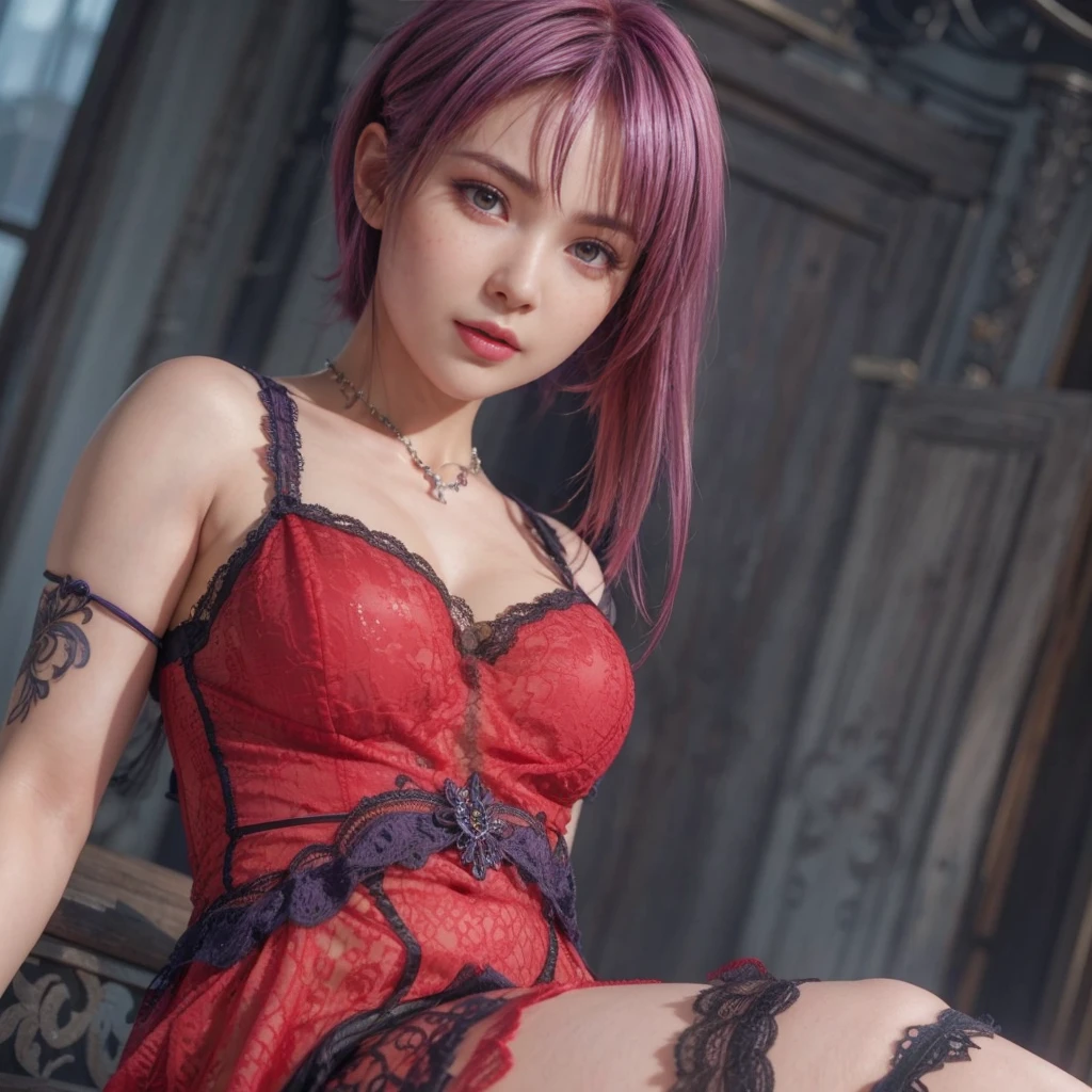 Ayane, Purple hair, (best quality, Ultra-detailed), (realistic:1.37), beautiful and detailed face, ultra-realistic texture, delicate face, delicate body, red lipstick, long-lasting colors. high definition, 8K.