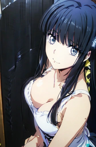 (best quality, highres, ultra-detailed, anime painting:1.37), ((Miyuki Shiba)), ((black hair:1.5)) posing for a photo, sleeveless shirt, low-cut dress (ample breasts), gothic exile, piercing dark eyes, extremely detailed eyes and face, detailed lips, long eyelashes, cute, embarassed smile, (bare arms), shy posture, vibrant colors.