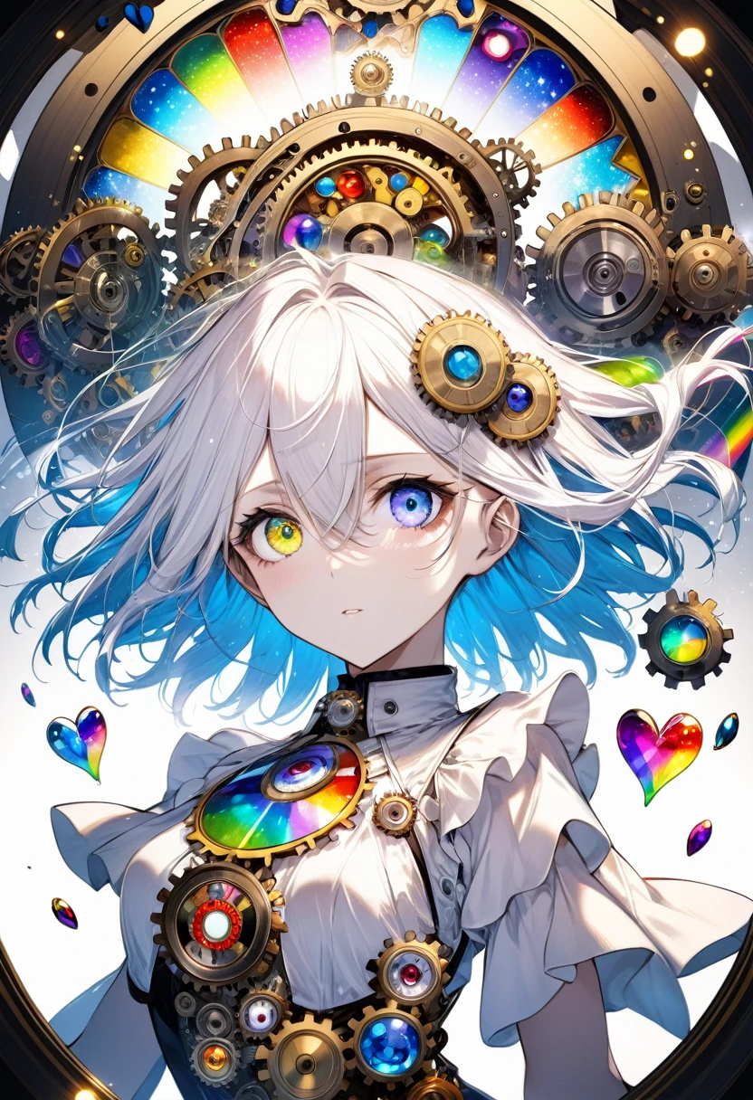 Highest quality, Super Fine, 16K, Incredibly absurd, Very detailed, delicate and dynamic, A stained glass kaleidoscope made of gemstones of different colors, With mechanical mechanism, Clockwork mechanics, and gear mechanism, A monochrome girl peering into it, (Heterochromia iridis, Star-shaped pupil, Heart-shaped pupils), Lighting Effects, Prism Effect, Mirror Effect, Rainbow World Artwork 、((Dancer))