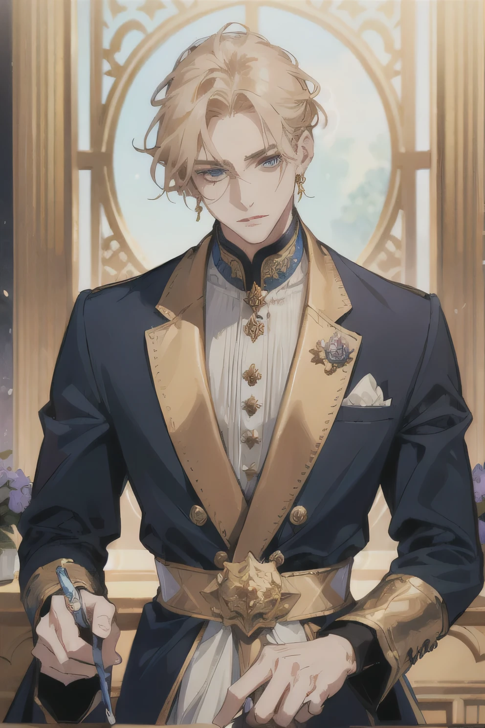 ((Highest quality)), ((masterpiece)), (detailed), ((Highest quality)), ((masterpiece)), (detailed), Golden shiny hair、Straight Short Hair、Deep blue jewel eyes、The Unfriendly Prince、Stern face、noble、Prince-like attire、One person、adult、Tall and muscular、One personで