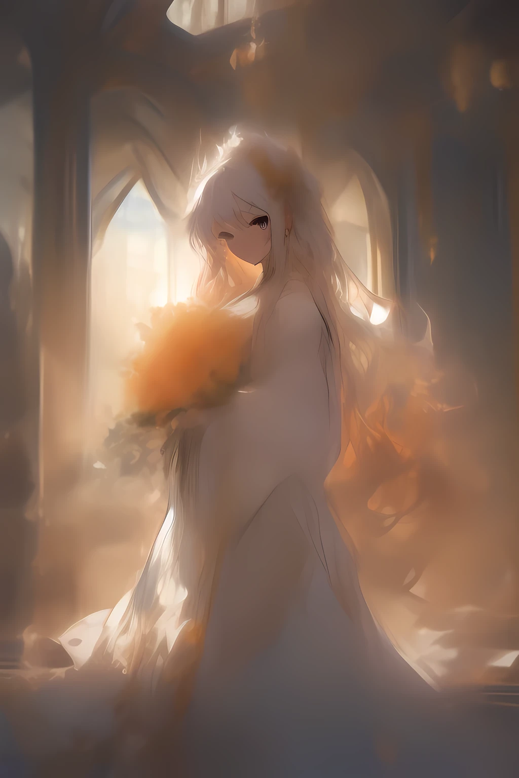 masterpiece, Highest quality, Very detailed, Abstract、Full body photo, Cowboy Shot, Three-part method, darkness, Shine, green, High saturation、sketch、Handwriting、watercolor、(Super blurry:1.2)、A young woman standing in a sunlit room, holding a bouquet of flowers close to her heart. She has a gentle, melancholic expression, with long, flowing hair and a simple yet elegant dress. The room is filled with soft, warm light filtering through sheer curtains, casting a golden glow on the wooden floor and delicate furniture. The scene captures a sense of longing and tender farewell, evoking the emotional depth of Utada Hikaru’s ‘Hanataba wo Kimi ni,’ with an atmosphere of bittersweet love and poignant beauty reflected in the woman’s demeanor and the serene, nostalgic surroundings, (((long strong curly hair))),(((Voluminous Hair))),(((Curly hair)))、A very very precious bouquet、The whole atmosphere is orange、More volume、Blur more
