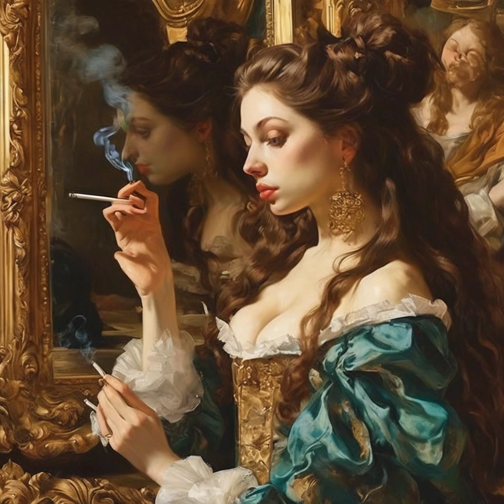 Baroque aesthetics, one half cat half girl, long brown hair, she is smoking cigarette and looking at the mirror