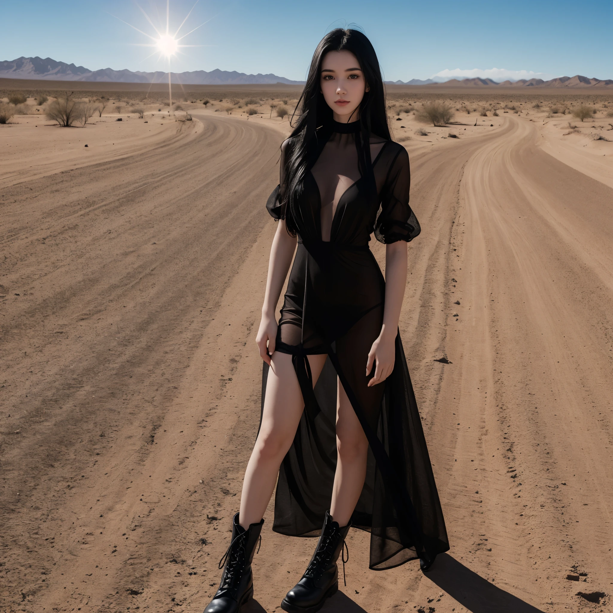 19 year old woman, alone, long black hair, very pale skin, shy expression, ultra realistic face, wearing a long black see thru dress, black choker around her neck,  black combat boots, standing in a desert with bright blue sky that has 2 suns.