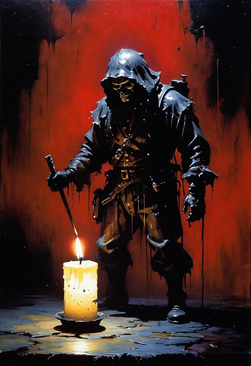(Little wax candle man) in the style of Ashley Wood. Stephen Gammell. Frank Frazetta. masterpiece. Best quality. Beautiful cinematic impressionistic painting, dark scarlet background, Chemiluminescence. (animation Little wax candle man, fairytale background) (Minimalism:1), original details.