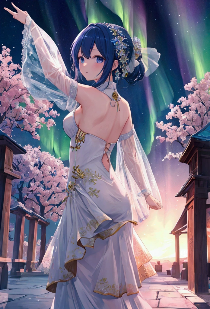 masterpiece, High resolution, Highest quality, Very detailed, wallpaper, Picturesque, world Tree、Aurora、Bright Sky,Dancer,