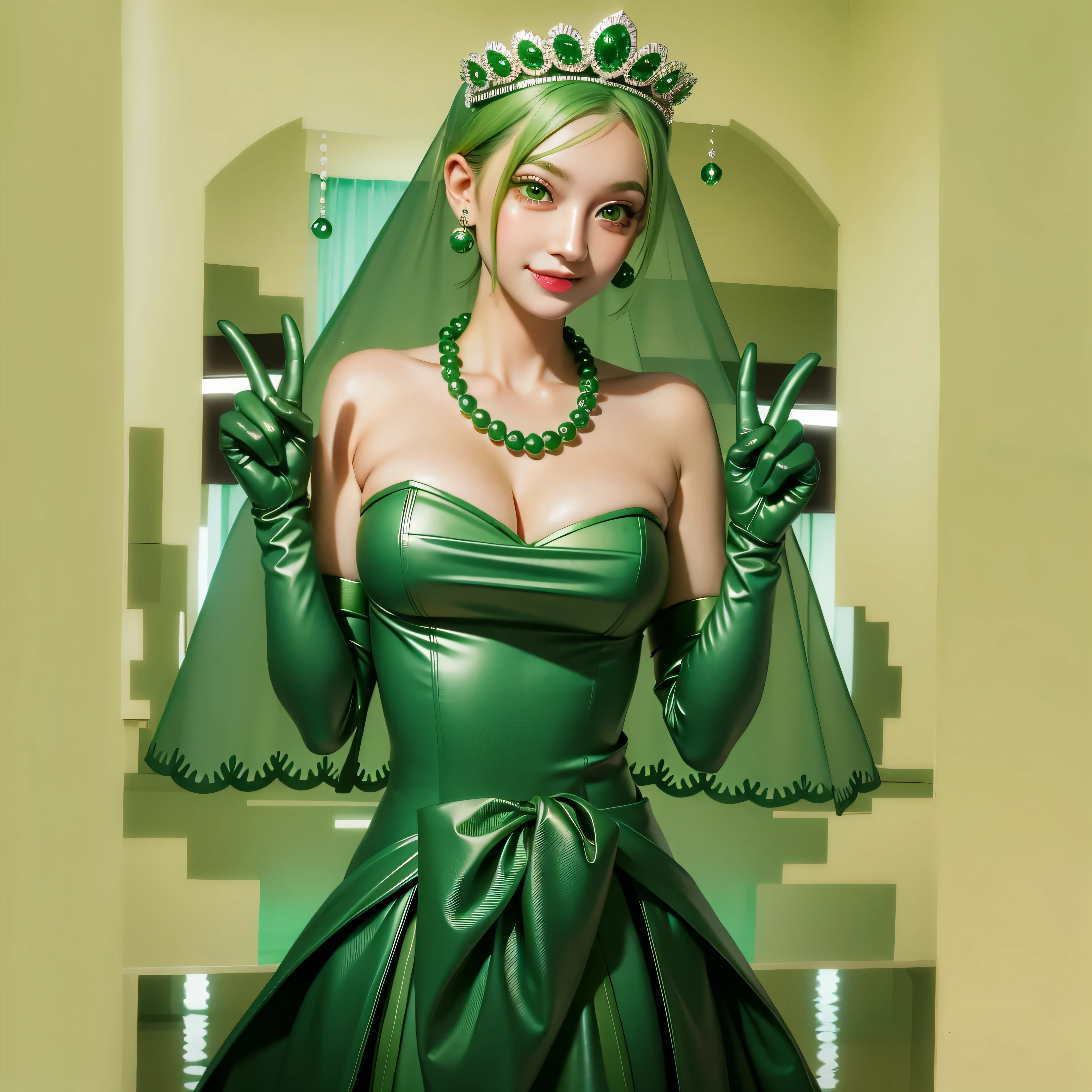 Emerald tiara, Green Pearl Necklace, Boyish very short green hair, Green Lips, Smiling Japanese woman, Very short hair, Busty beautiful lady, Green Eyes, Green satin long gloves, Green Eyes, Emerald Earrings, Green veil, all, Green Hair, Beautiful Japanese Women, green lip gloss