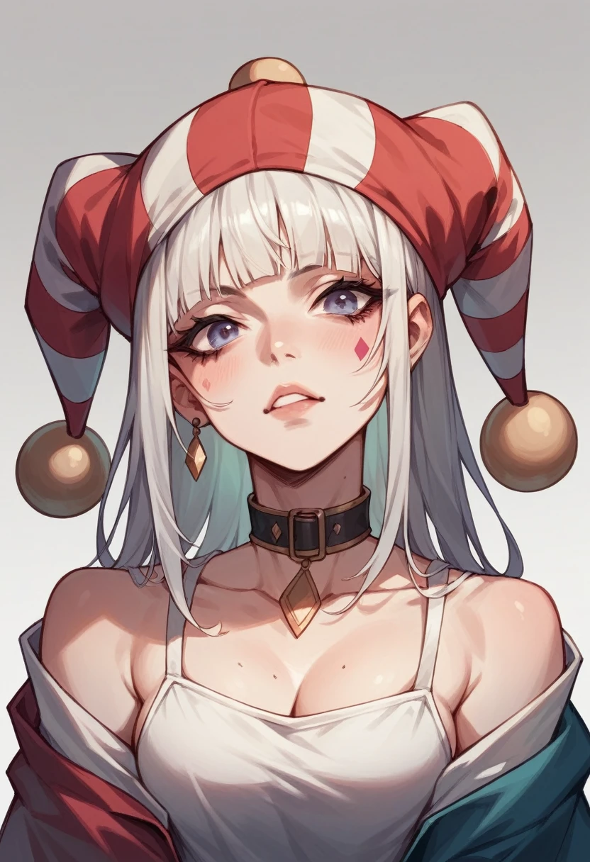white-haired jester in a cap