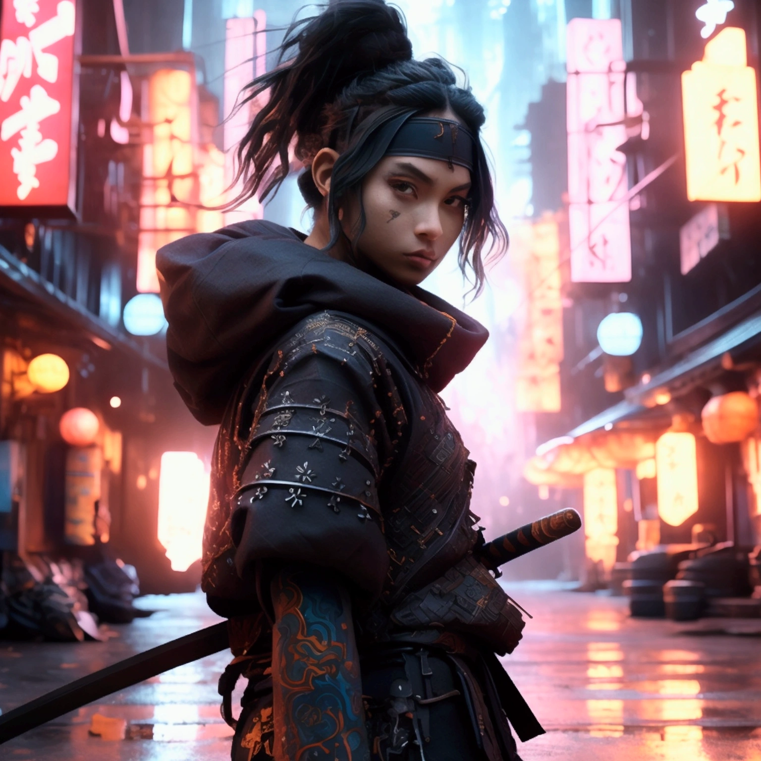 Design an anime-style character named Miko, styled as 'Urban Samurai.' Miko should have a cool and determined expression, with large, expressive eyes and a dynamic pose. Outfit Miko in samurai-inspired gear that integrates modern streetwear elements, such as a sleek, armored jacket with traditional samurai patterns, high-tech accessories, and stylish urban sneakers. Include a katana or futuristic weapon as part of the ensemble. The background should be a bustling cityscape with neon lights, graffiti, and high-tech elements, blending traditional and modern themes. Ensure the artwork captures the fusion of samurai tradition with urban coolness, creating a unique and eye-catching character