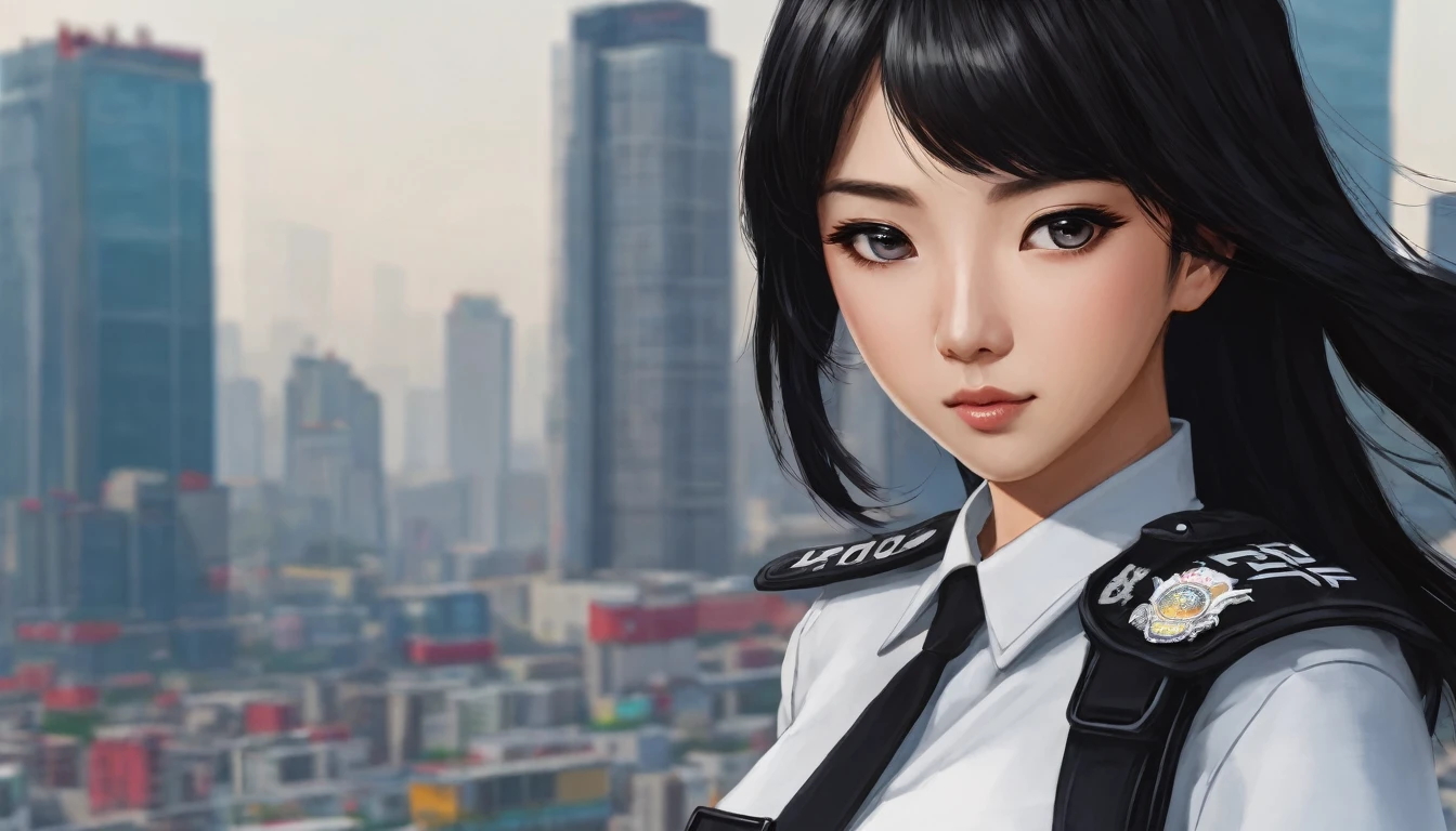 Woman, 30 years old black straight hair, Chinesa, Round face, police outfit, eyes black, city background.