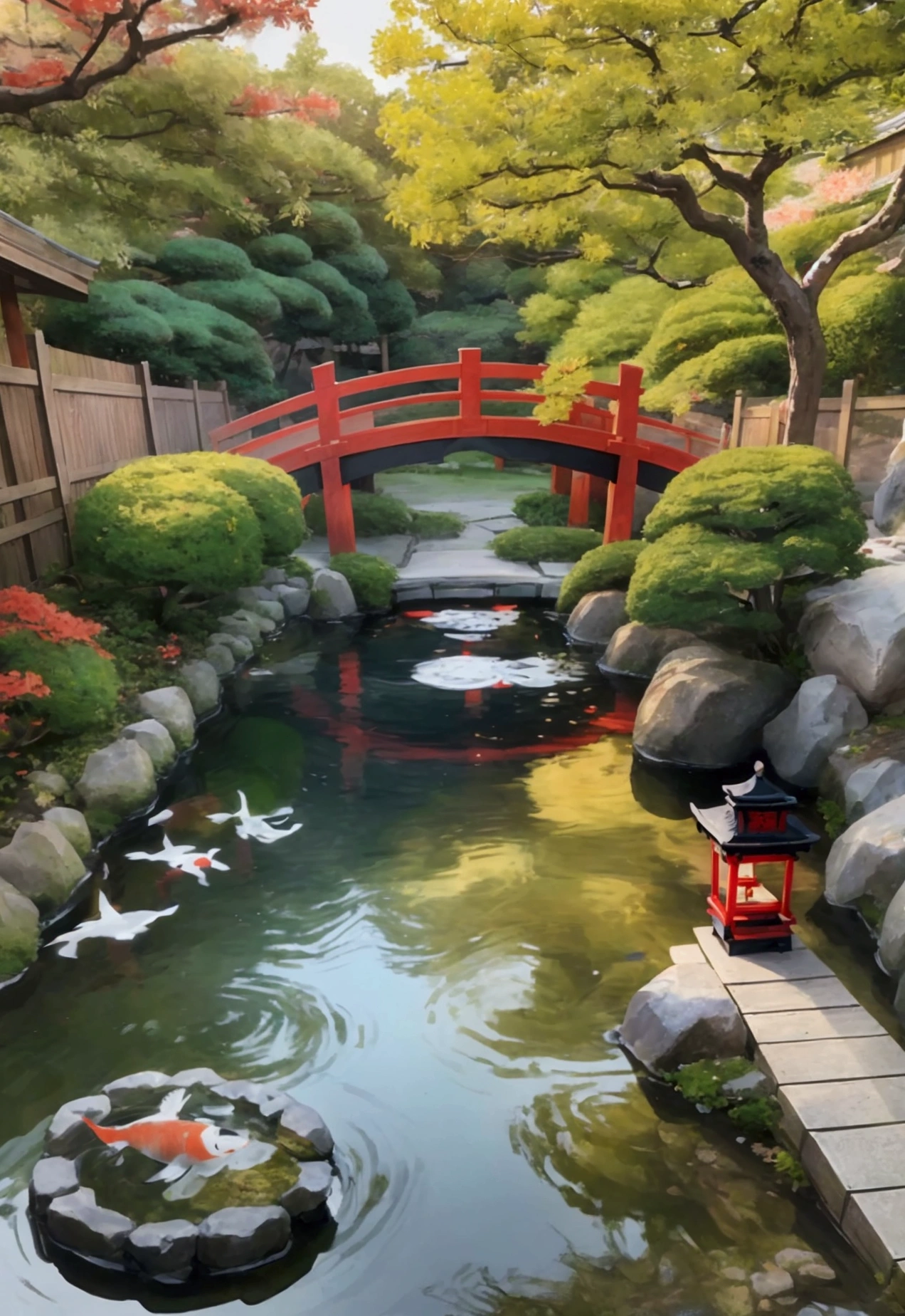 a Japanese geisha, A zen garden: With stone paths, a peaceful pond with koi carps, and an arched red wooden bridge, softly illuminating dinner, hanging from trees or traditional poles, a coastal geisha