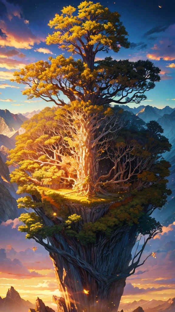 a giant tree of life beneath a mountain made of gold floating in the air. 4k. high definition