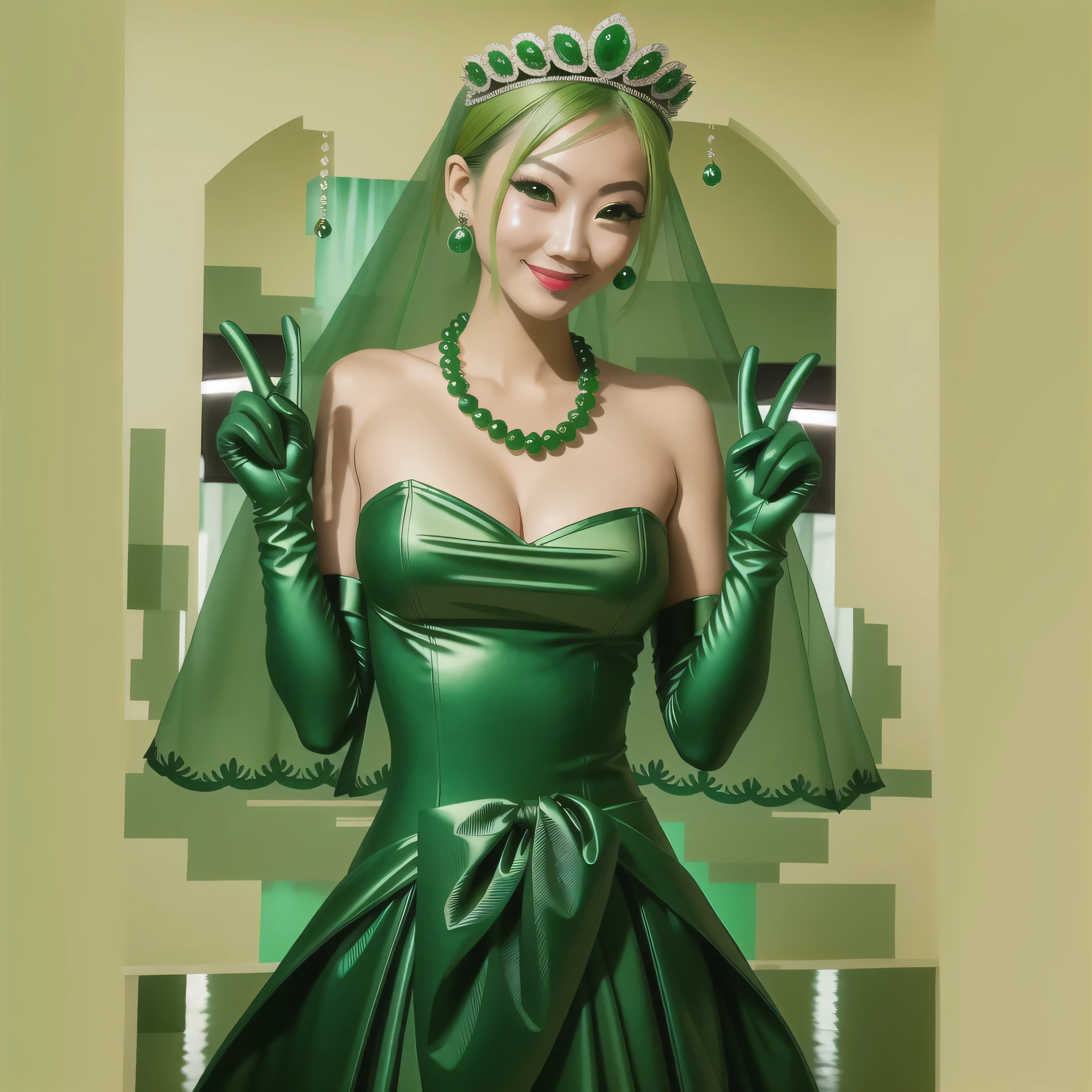 Emerald tiara, Green Pearl Necklace, Boyish very short green hair, Green Lips, Smiling Japanese woman, Very short hair, Busty beautiful lady, Green Eyes, Green satin long gloves, Green Eyes, Emerald Earrings, Green veil, all, Green Hair, Beautiful Japanese Women, green lip gloss