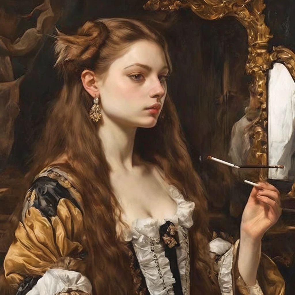 Baroque aesthetics, one half cat half girl, she has a face like a cat, long brown hair, she is smoking cigarette and looking at the mirror