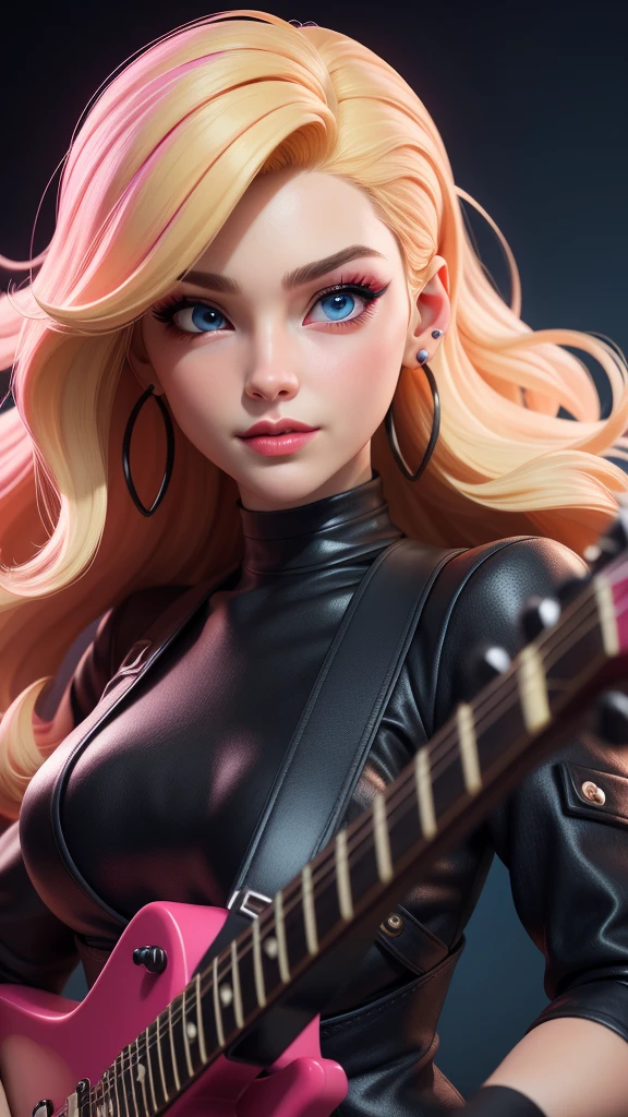 masterpiece, best quality,3d rending work,3DMM style, close-up, portrait, 3D,1girl, solo, perfect face, long hair, Electric guitar band black clothes, long light blonde hair dyed with pink and with cute fluffy bangs well styled, hair dyed with pink color, detailed light blue eyes highlight light reflecting in her eyes, looking straight to the viewer, realistic, upper body, concert background, colorful lighting, lips, edgy makeup, black shade of makeup on eyelids, ear piercing, fair skin, perfect hourglass body, she has sharp jawline, holding a black electric guitar, The artwork should have the best quality, with ultra-detailed and realistic features. The color palette should be vivid, and the lighting should emphasize the character's facial structure and expression.