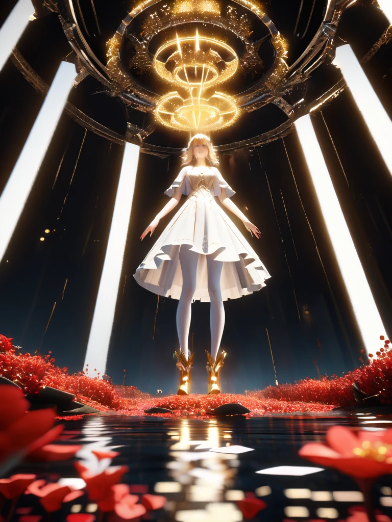 A white glowing woman standing on an island in the middle of red flowers. There is also a small tree made of gold and yellow light that stands over her head. A black background with reflection from neon lights on water below the floating girl's feet. A low angle shot, created in the style of Unreal Engine 5 and rendered in the style of Octane Render.