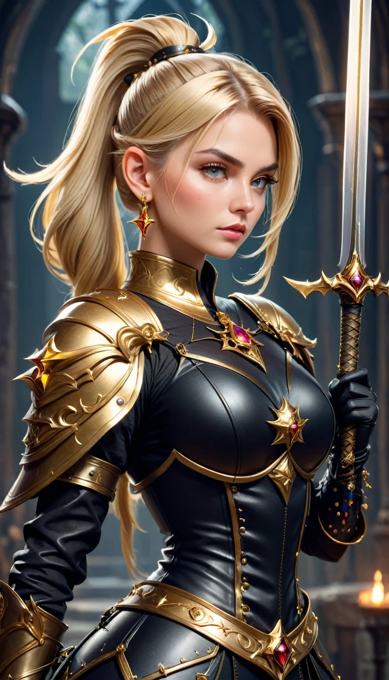 Beautiful Witch Blonde Focused and Concetrated and Determined Girl with two golden sharped swords in her hands with a Beautiful Ponytail Blonde Hair wearing a Witch Hat and wearing a Witch Chestplate Armor wearing Gloves with Jewelry Earrings with Pose Profile with the Best Quality with High Details with Textured Skin as a Masterpiece in a High Resolution in 8K Quality, Good Quality