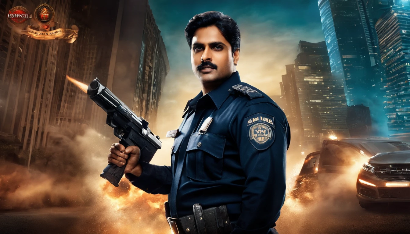 A high-octane action thriller poster featuring the main character ACP Nikhil, a smart, handsome, and sharp police officer dressed in an Indian police uniform. The background showcases a bustling city at night with towering buildings and their lights sparkling. In one corner of the poster, there's a beautiful heroine, who is Nikhil's love interest, adding a romantic angle. To depict the action element, Nikhil is holding a gun in one hand, with a massive explosion happening on the other side. The tone of the poster is dark and intense, with dominant colors being black, blue, and red. The title 'एसीपी निखिल - एक खतरनाक खेल' is in bold and impactful font at the top in Hindi. There is a slight haze and smoke effect in the poster, enhancing the suspense and thrill. The poster should be in a 16:9 aspect ratio