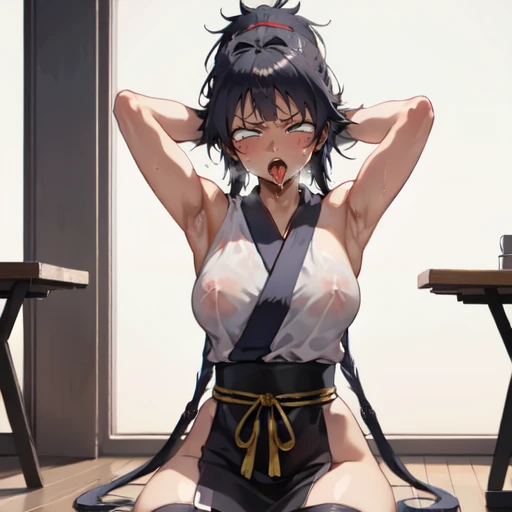1girl, (ahegao),(muscle1.4), (masterpiece:1.3), (high resolution), (8K), (extremely detailed), (4k), (pixiv), perfect face, nice eyes and face, (best quality), (super detailed), detailed face and eyes, (solo), textured skin, absurdres, highres, wzkomachine, white eyes, Small breasts, sash, bike shorts, short sleeves, bangs, black gloves, fingerless gloves, long hair, black hair,ponytail, japanese clothes, kimono, sitting on floor, looking at viewer,Nipple exposure,Sexy, flirtatious, Solitary, eternity, - Hip vents, No underwear,No eyeballs, Also available in black, low twin braids,Facing the audience, looking at the audience, tired, from below, (Exposed armpit:1.1), ((armpit:1.2)), sexy, Sweating, More and more sweat,(ahegao), (Roll your eyes), Naughty face, blush, open mouth, Sticking out tongue, saliva, Slobber,Skinny, raise arms, (arms above head:1.5)