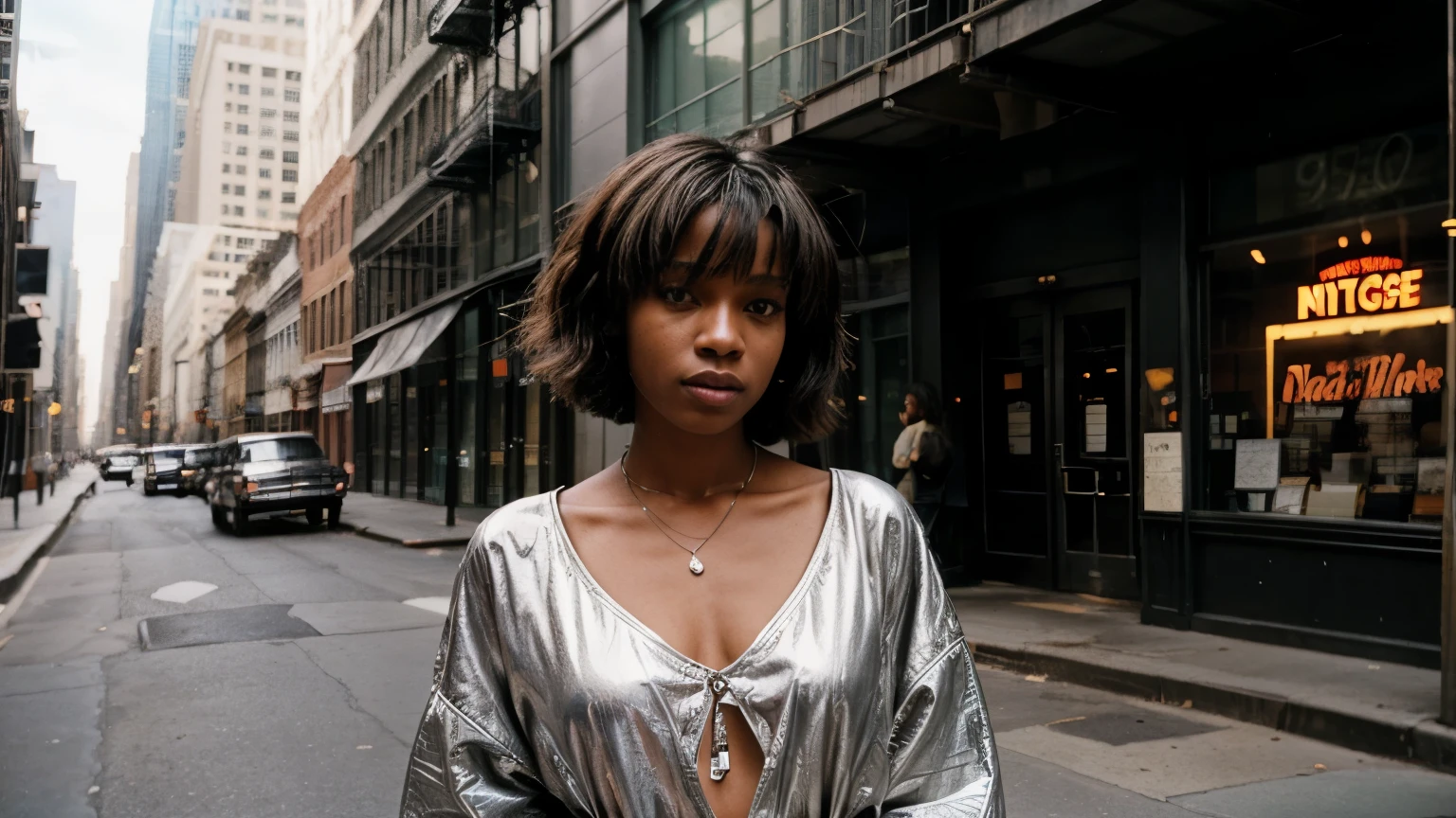  "Street-style photo of a black woman with grunge style on the streets of Manhattan in 1990, in front of a tall silver building, with bob haircut from the 90s, Carly Norris, Sliver film, daylight, taken with Agfa Vista 200-ar 2:3-s 750."