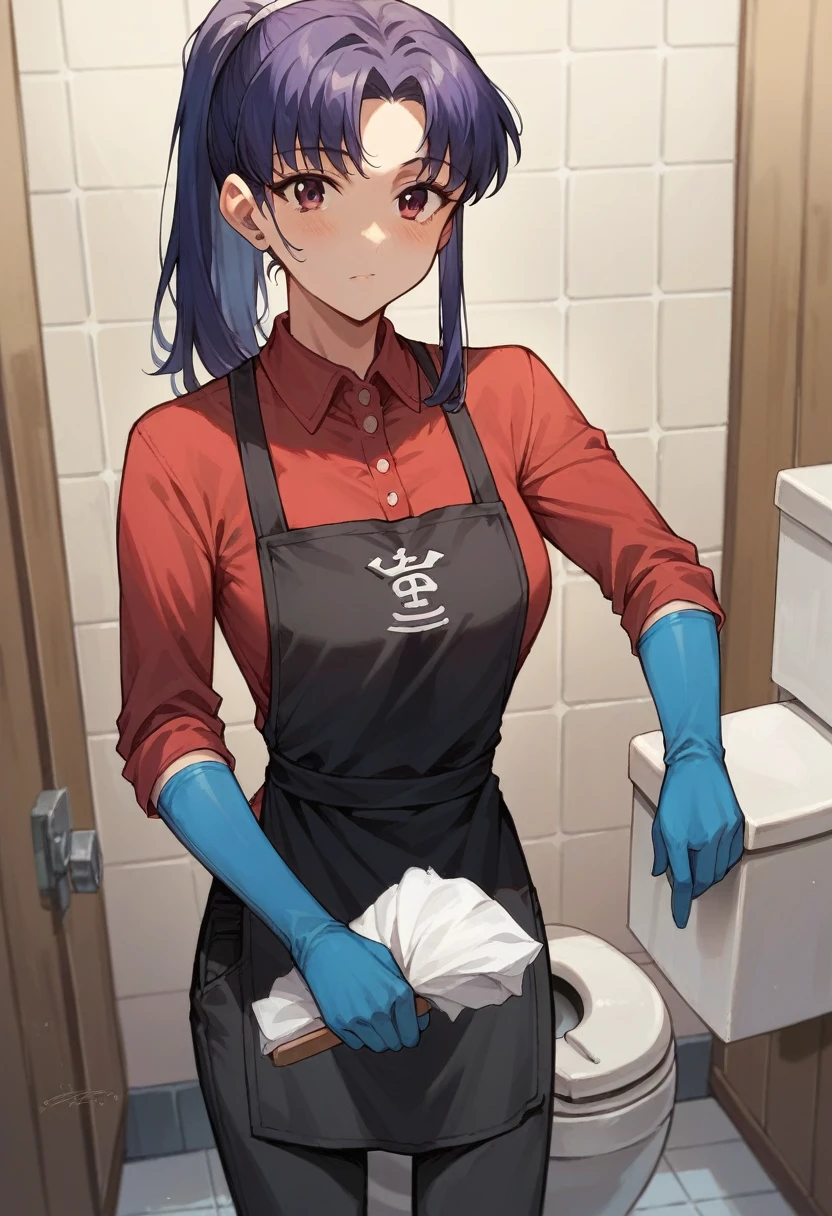 1girl, misato katsuragi, ponytail, ((blue half elbow gloves)), (red shirt), ((long sleeves)), (black apron), (pants), looking at viewer, standing, ((cleaning the toilet room)), solo


