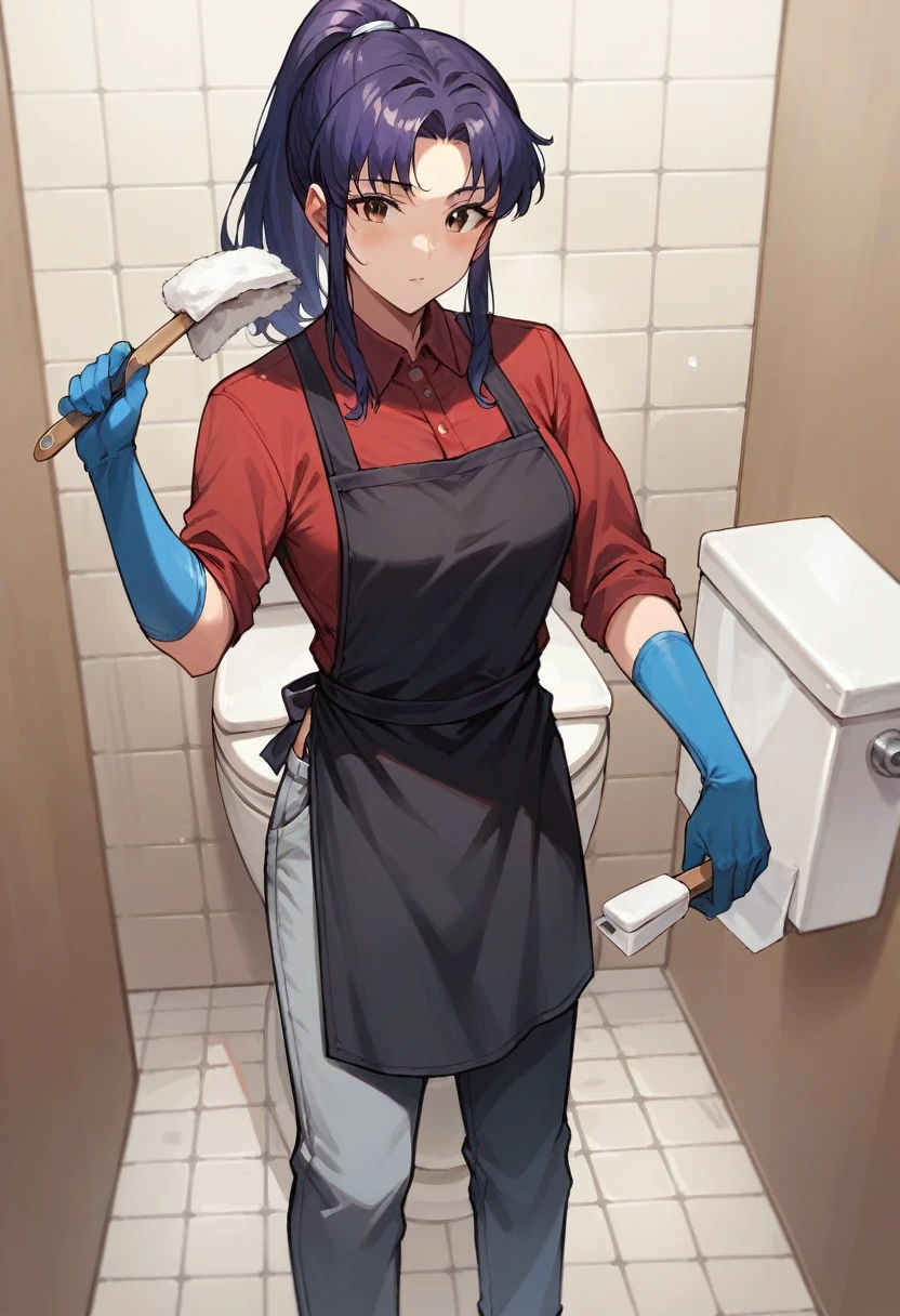 1girl, misato katsuragi, ponytail, ((blue half elbow gloves)), (red shirt), ((long sleeves)), (black apron), (pants), looking at viewer, standing, ((cleaning the toilet room)), solo