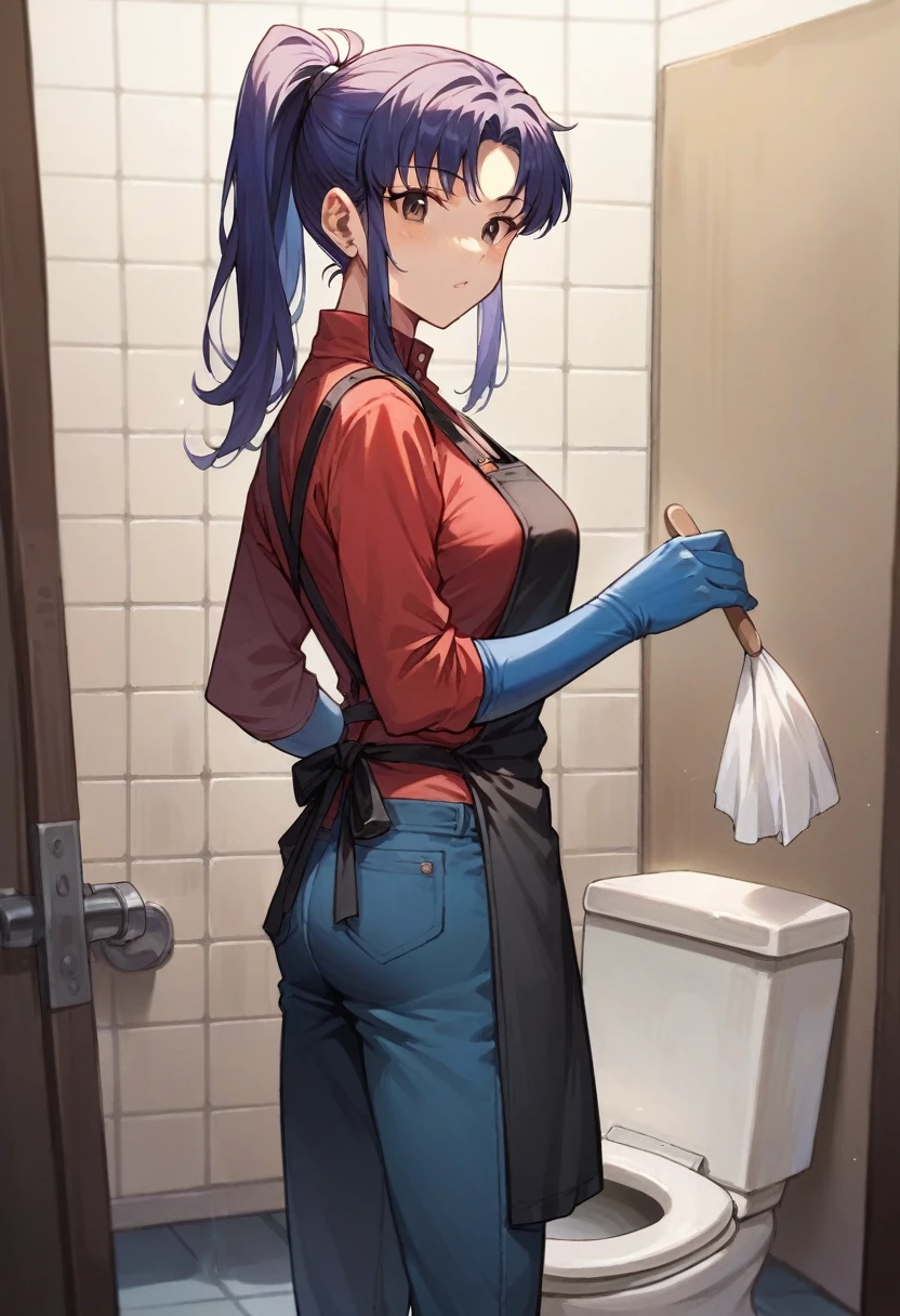 1girl, misato katsuragi, ponytail, ((blue half elbow gloves)), (red shirt), ((long sleeves)), (black apron), (pants), looking at viewer, standing, ((cleaning the toilet room)), solo

