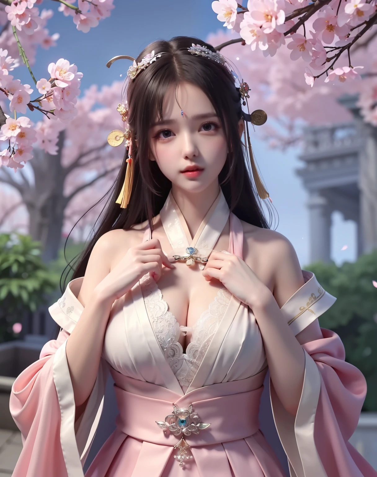 (8k, RAW photo:1.2), best quality, ultra high res,dramatic angle,(fluttered detailed color splashs), (illustration),(((1 girl))),(long hair),(rain:0.9), (Headdress:1.4),There is an ancient palace beside the girl,Hanfu,(Key Points),Color ink painting,(Splash of Color),Splash of Color,(((colorful))),(sketch:0.8) , Masterpiece, best quality, beautiful painted, highly detailed,(denoising:0.6),[splash ink],((ink refraction)), (beautiful detailed sky),moon,highly,detaild,(masterpiece, best quality, extremely detailed） CG Unity 8k Wallpaper，masterpiece，best quality，Ultra Detailed），（Lycoris）. hanfu open v open V-chested clothes Thin silk lace dress , (huge ，cleavage),, white pinkand gren，best qualtiy，tmasterpiece，Ultra-high resolution，（Reality：1.4），RAW photogr，（True skin texture：1.3），（filmgrain：1.3），（Selfie angle），1个Giant Breast Girl，Beautiful eye and face details，tmasterpiece，Best quality at best，，The chest more exposed， detailed hair, bra pink , detail 8k, upper body, lace petticoat