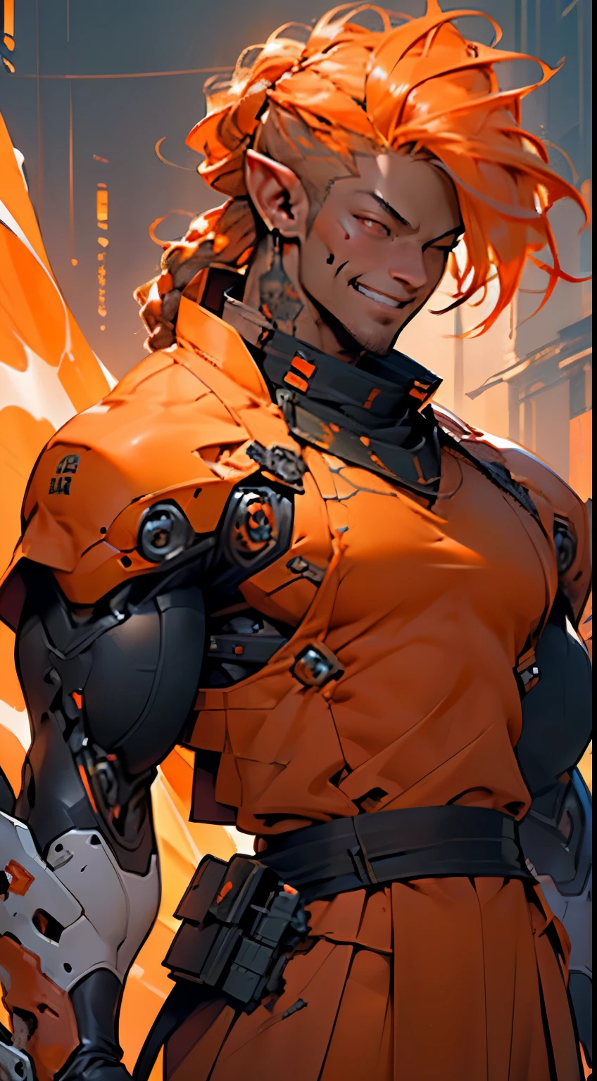 (1 Handsome Man)、(Very huge muscles)、(Unusually large muscles)、(Orange cyberpunk military uniform all over the body:1.3)、(Military equipment:1.2)、(White hair)、(an eye patch:1.0)、(cyberpunk helmet)、(30-years old)、(confident grin:1.2)、(long braided ponytail)、(Top image quality)、(8K picture quality)、(masutepiece)、(Full body photo:1.3)、cinematric light, Cinema Shadow, Sharp Image, Extremely detailed,、beautiful effects, Muted colors, Highly detailed image textures, detailed hairs, Detailed face, Detailed eyes, Full body photo, (orange aura emanating from clothes:1.5)、Highly detailed image textures, detailed hairs, Detailed eyes, pointy ears.