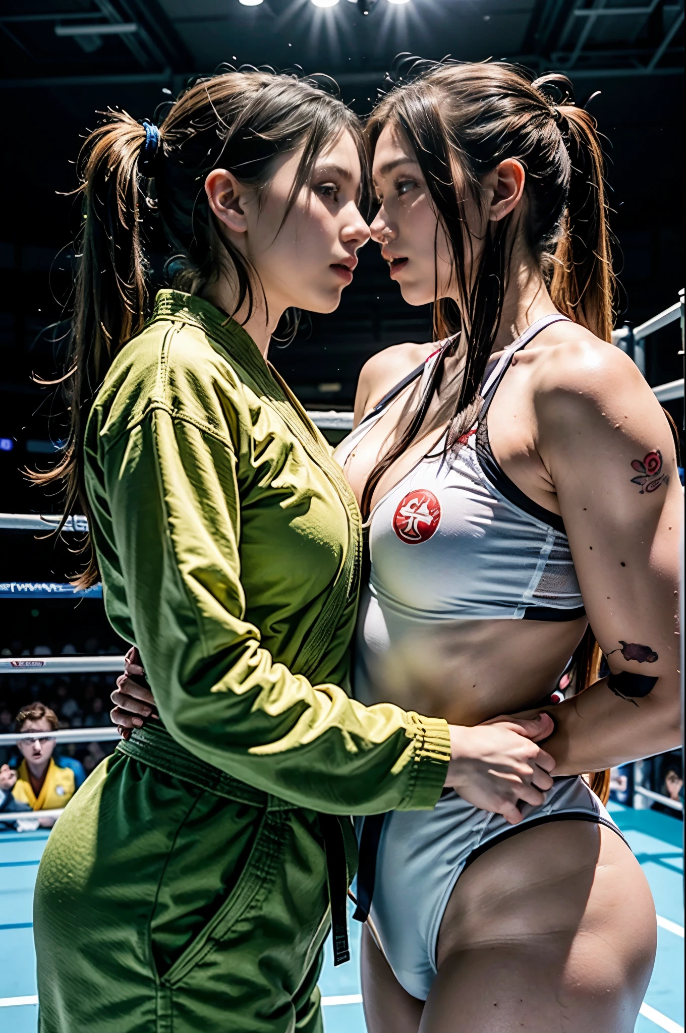 2 ginger girls, young, 19yo, beautiful girls, natural ginger hair, redhead eyebrow, green eyes, pigtail hair type, sweating, hot girls, angry, medium angle views, indoor, paris 2024 olympics, artificial light, judo players, Russia versus USA, wearing judogi suits, small breasts, puffy nipples, goosebumps, standing, face off, judo confrontation, separated, pre fight, torn, almost naked
