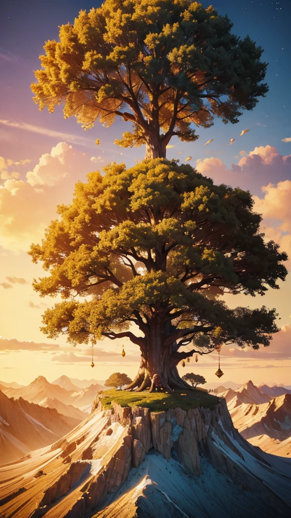 a giant tree of life beneath a mountain made of gold floating in the air. 4k. high definition