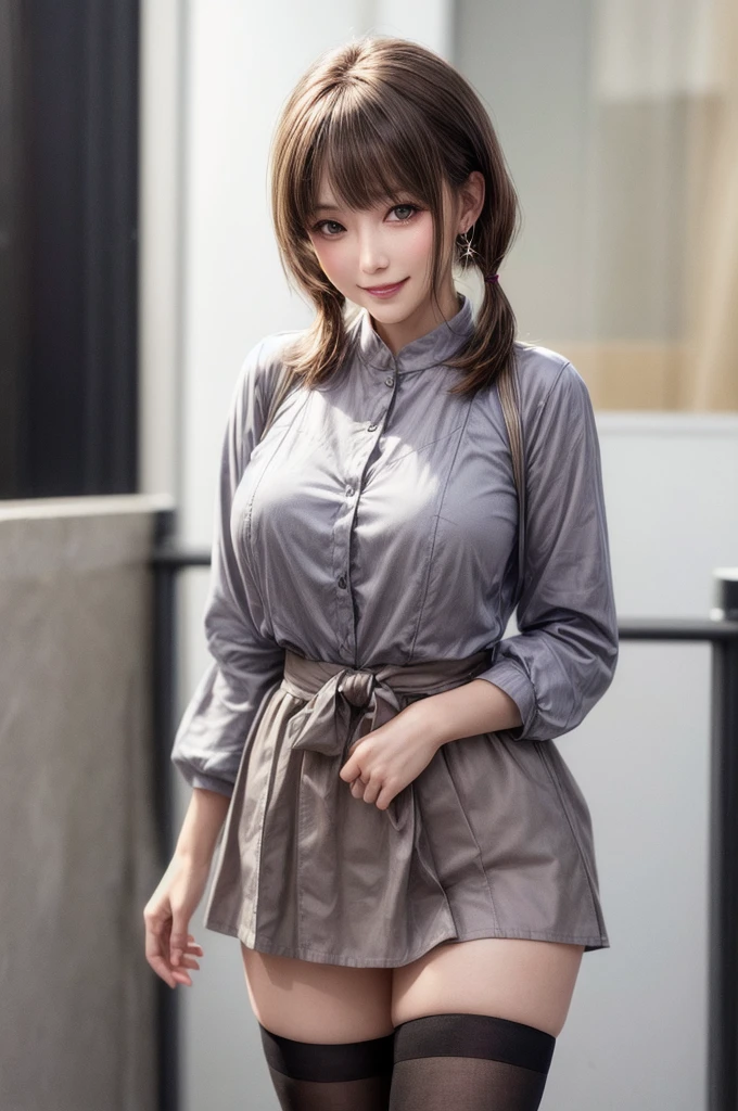 kujikawadef,twintails,,black serafuku,long sleeves,skirt,thighhighs,jewelry,earrings,standing,
best quality, highly detailed, masterpiece, absurdres,8k,   photorealistic, realistic,detailed skin texture,detailed pupils,HDR,natural lighting,
1girl,solo,(happy:1.1),(smile:1.2),shorthair,brown hair,(angular face:1.2),shiny face,large breasts, narrow waist, lip makeup,
