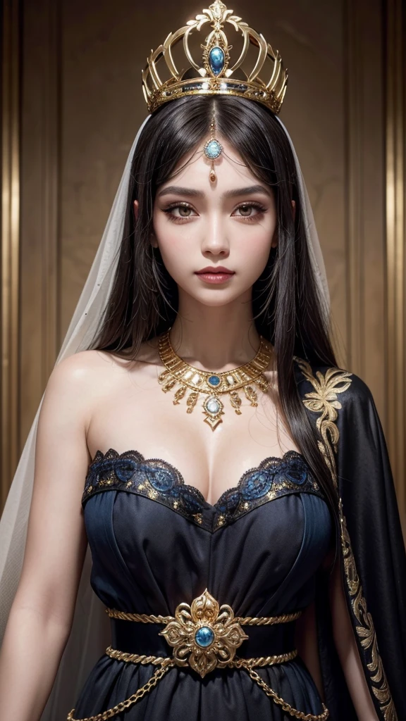 Create a series of images of a female character inspired by an ancient Egyptian queen, with the following detailed features, focusing especially on the face, body hair, full body costume and various poses:
body hair: blackw, straight and cut at shoulder length, with straight bangs that cover the forehead. O body hair deve ter um brilho saudável e ser adornado com uma tiara dourada intricada, that exudes royalty.
muka: Serene and confident expression, with large, lined eyes in classic Egyptian style, using thick black makeup that extends outside the eyes. Makeup should accentuate the eyes, creating a penetrating and majestic look. Lips painted in a neutral tone, complementing eye makeup.
Headwear: A detailed golden tiara, positioned in the center of the head, adding a touch of opulence and authority.
tenue:
ful dressed: Vibrant blue and black, with an immersive design that highlights the character's silhouette. The dress should have a deep V-neckline and a high leg opening, suggesting elegance and confidence.
waist belt: A golden belt tied around the waist with an elaborate knot, with hanging details that add sophistication to the outfit.
layer: A black cape that flows gracefully behind her, contrasting with the vibrant blue of the dress and increasing the regal presence.
Body Accessories: wide, gold bracelets on the arms, with complex designs and embossed details. An ornate golden necklace, similar to tiara, should adorn the neck.