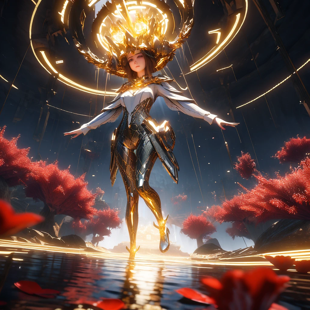 A white glowing woman standing on an island in the middle of red flowers. There is also a small tree made of gold and yellow light that stands over her head. A black background with reflection from neon lights on water below the floating girl's feet. A low angle shot, created in the style of Unreal Engine 5 and rendered in the style of Octane Render.