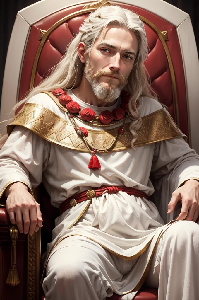 creates a realistic portrait of King David, seated on the throne in white clothing with red accents
representing him as a simple and humble man. Highlight the calm, compassionate expression on your face, with serene eyes and a soft smile. Be sure to accurately portray the