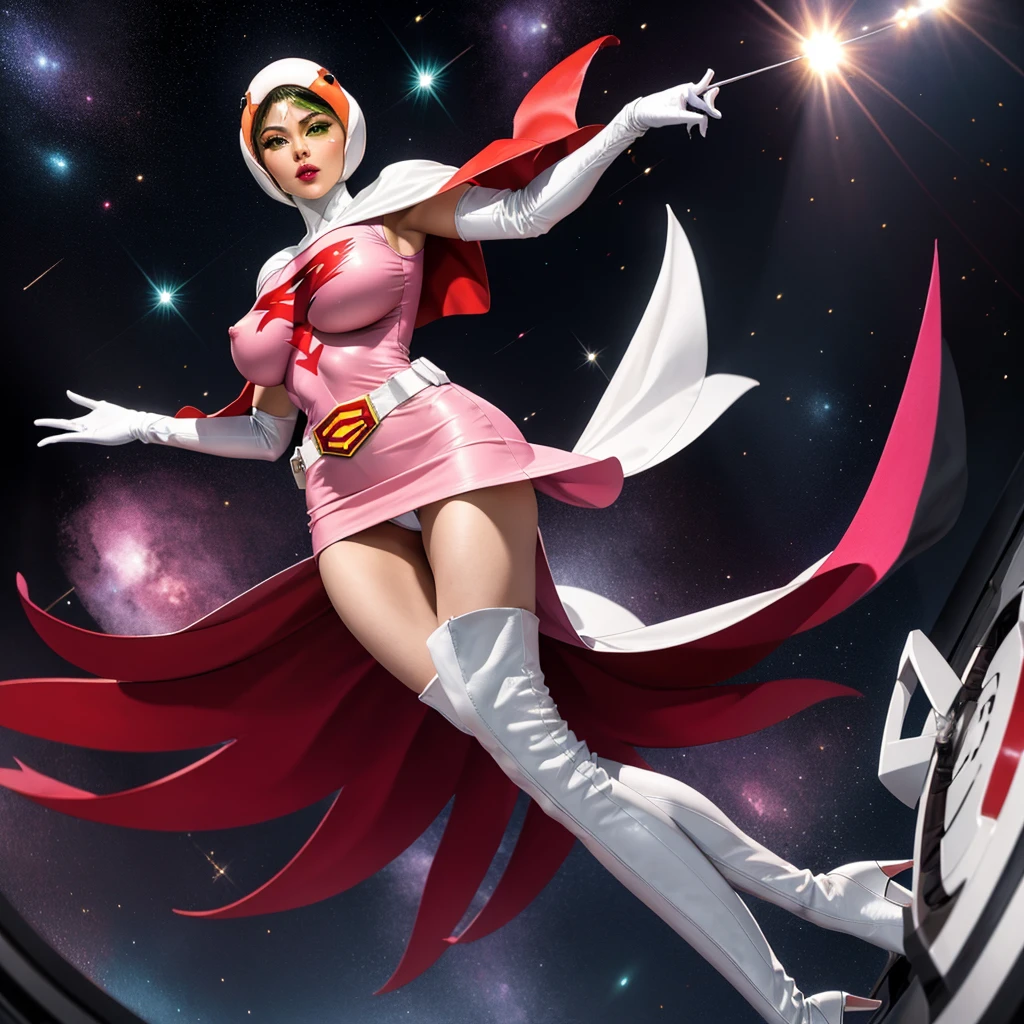ANI_CLASSIC_jun_gatchaman_ownwaifu,1girl, ,good anatomy, masterpiece, best quality,realistic, hyperrealistic, 16k hdr, long hair,breasts,green eyes,lips,large breasts,lipstick,makeup,gloves,cape,helmet,belt,elbow gloves,white gloves,mask,ultra miniskirt,leotard,spacesuit,white tight overknee highheels boots,pink dress,superhero,bodysuit,cleavage,erected nipples,(sexy pose,from below:1.2),(spread legs:1.1),cameltoe