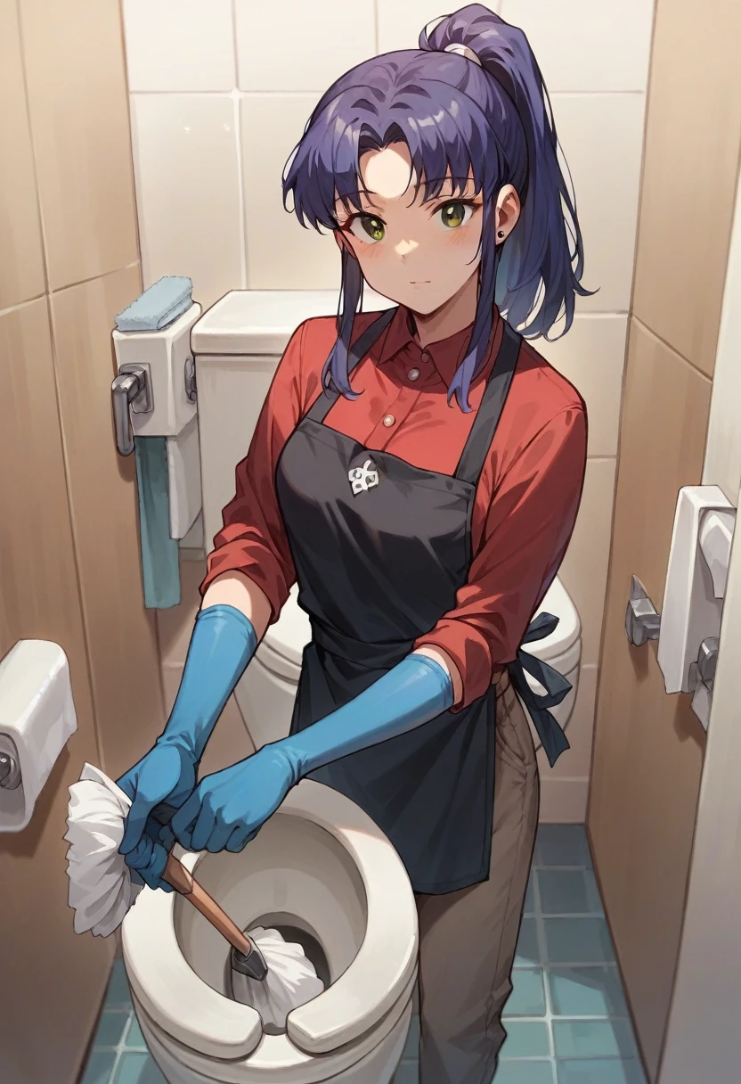 1girl, misato katsuragi, ponytail, ((blue half elbow gloves)), (red shirt), ((long sleeves)), (black apron), (pants), looking at viewer, standing, ((cleaning the toilet room)), solo